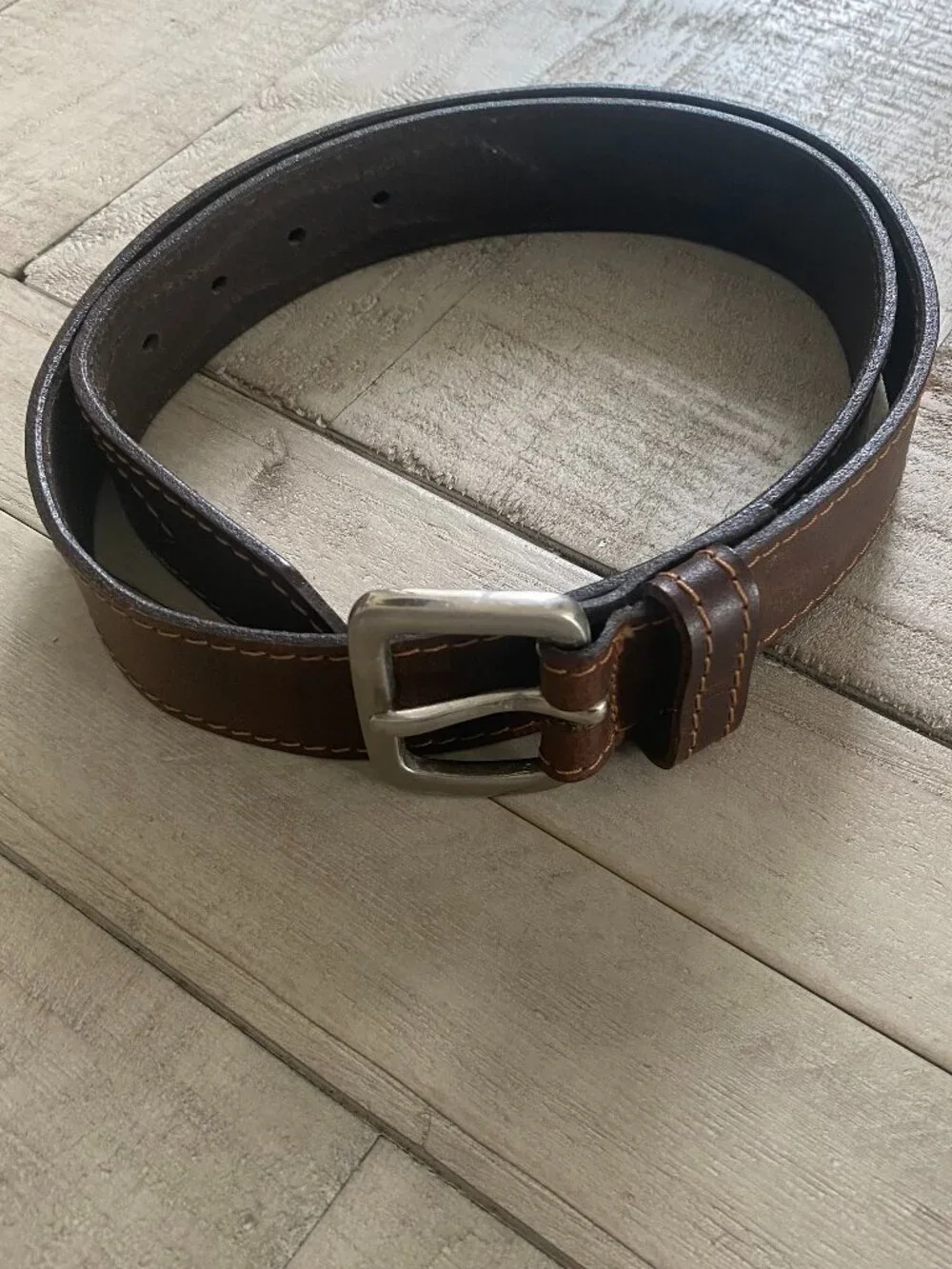 Linea Pelle Brown Full-Grain Leather Double-Stitch Belt with Brushed Silver Buck